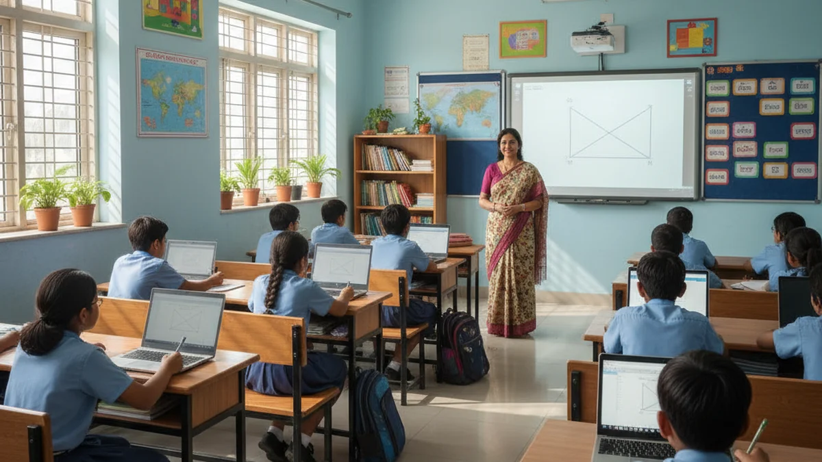 Indian students in school uniforms studying with tablets in a well-funded classroom